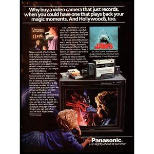 1985 Panasonic Omnimovie VHS Video Camera Vintage Print Ad Jaws TV On Wall Art